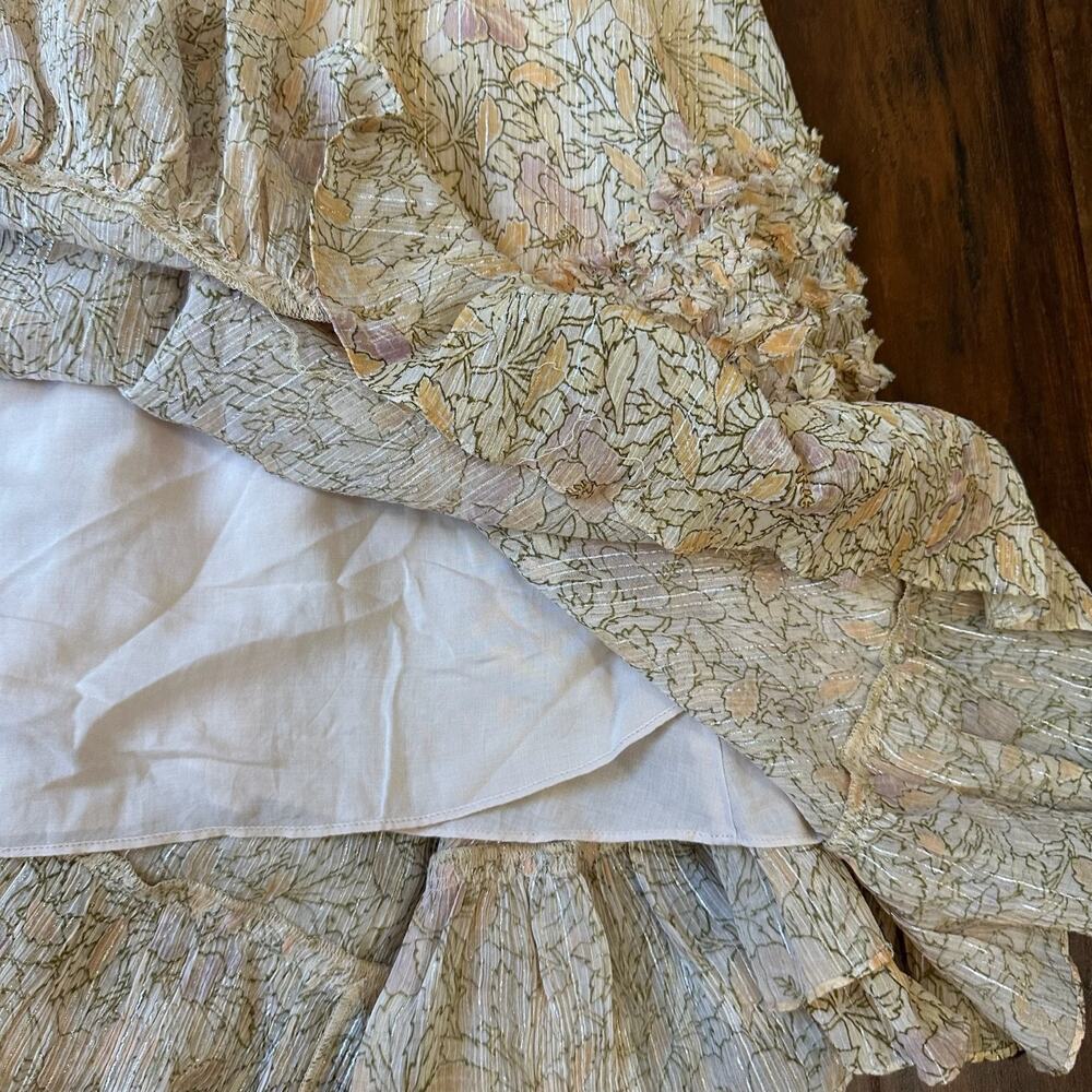 REBECCA TAYLOR Dress Cream Floral Silk Ruffled Smocked Metallic Party - Picture 7 of 12